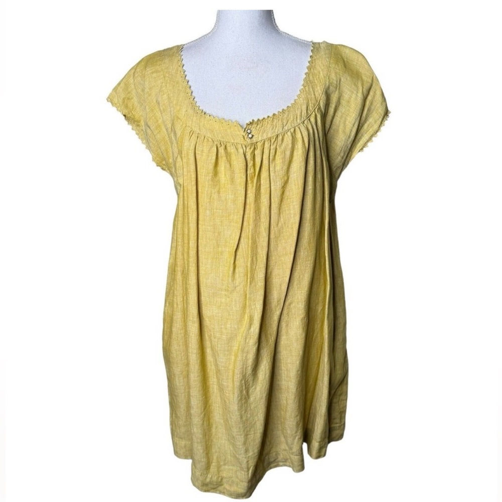 Anthropologie E by Eloise Yellow Linen Eyelet Pearl Button Shift Dress. Large